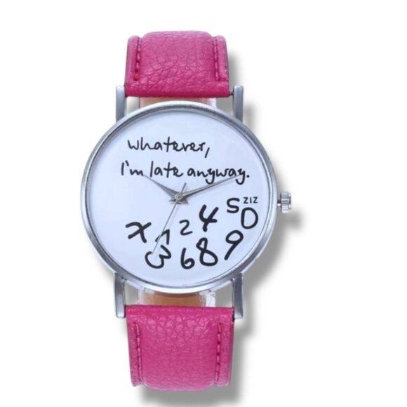 Ziz Accessories - I’m Late Statement Watch Bright Barbie Pink PU Leather Buckle Band Strap Adult